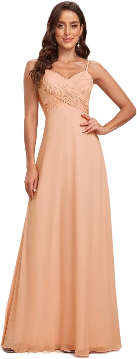 Avondjurk voor dames, lang, A-lijn, V-hals, bandjes, chiffon, sexy, ES80026, Donker roze, 38