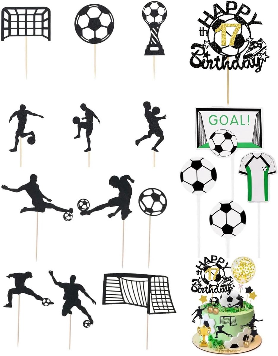 taartdecoratie, 17 jaar oud taarttoppers voetbal, voor verjaardag kinderen, jongen thema, voetbal verjaardagstaart figuren