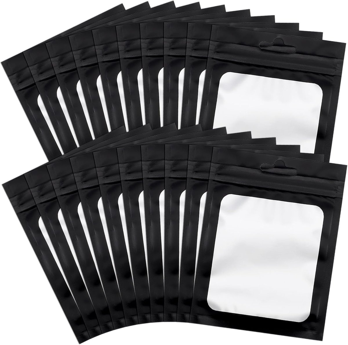 Mylar Zak, 100 Stuks 8 x 9cm Foliezakken met Platte Ritssluiting, met Transparant Venster, voor Kleine Bedrijven, Sieraden en Armbanden (Zwart)