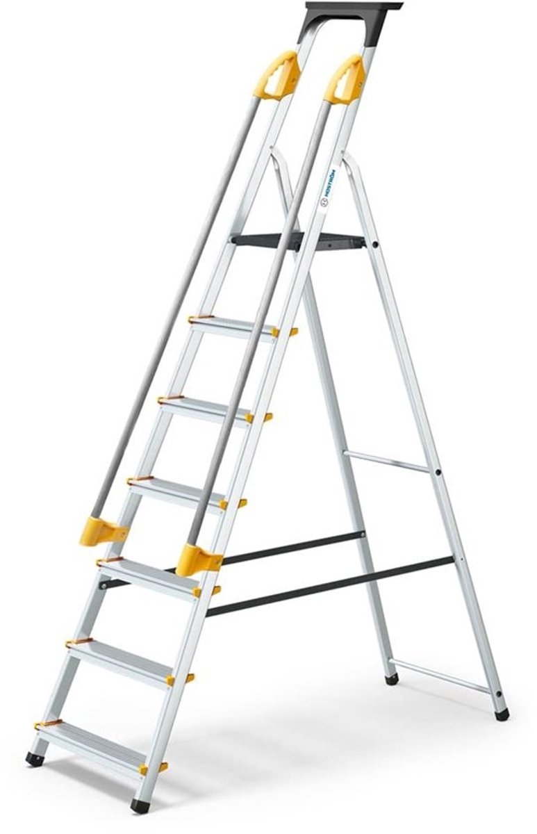 SnelShoppen - Veilige trapladder 7 treden met hellingen, gereedschapshouder, inklapbaar aluminium, platformhoogte 140 cm, ideaal voor keuken, tuin en
