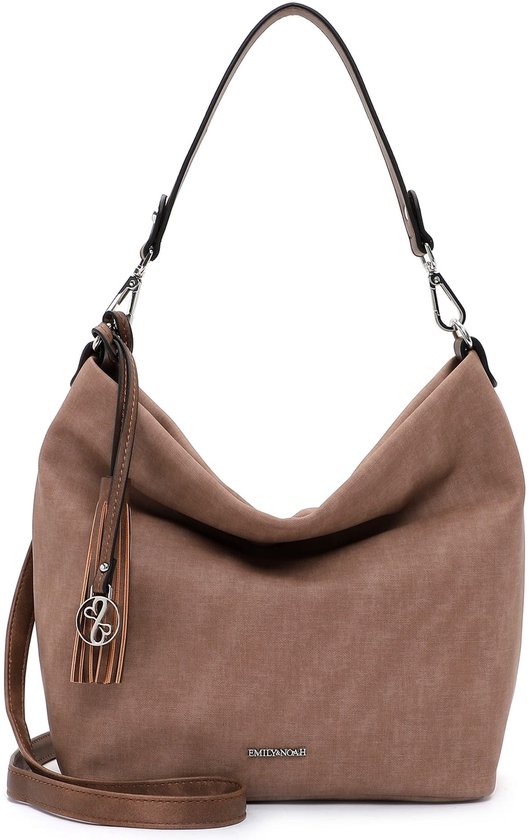 Taupe Emily & Noah buideltas met houten kwastje en verstelbare schouderband.