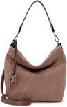 Taupe Emily & Noah buideltas met houten kwastje en verstelbare schouderband.