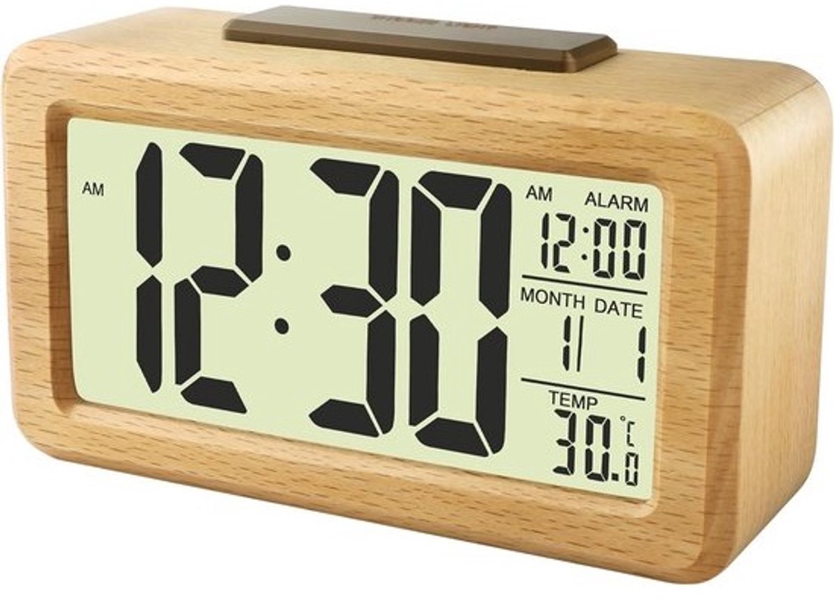 Digitale Houten Wekker met Verlicht Display, Sluimerfunctie en Temperatuurweergave