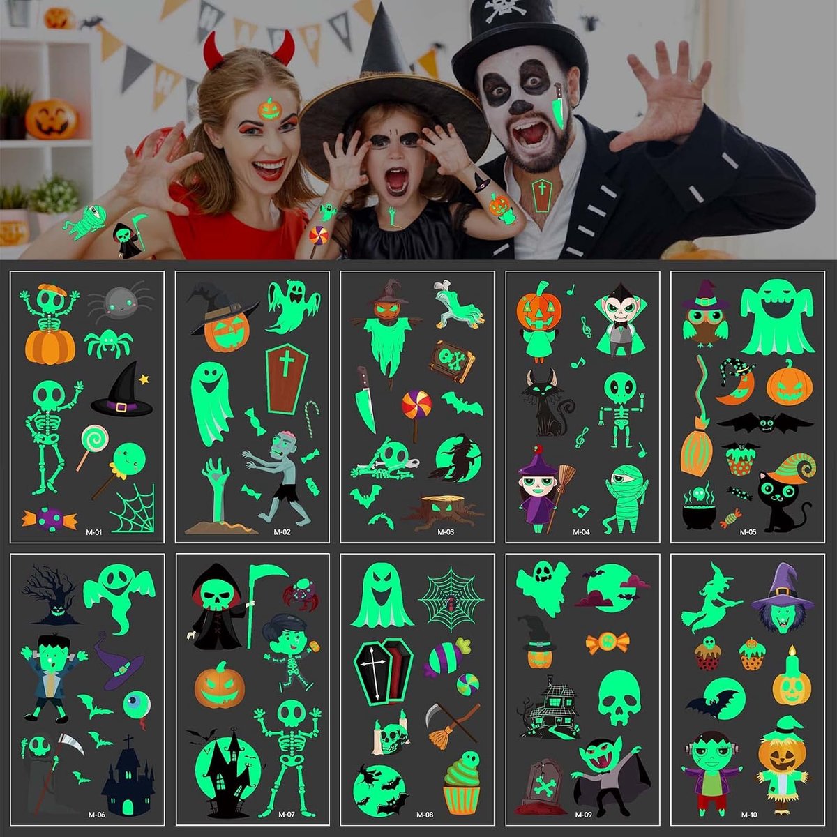 100+ stuks Halloween-tatoeages voor kinderen, lichtgevend, tijdelijke tatoeages, pompoen, spook, spinnen, stickers voor Halloweenfeest, decoratie, accessoires
