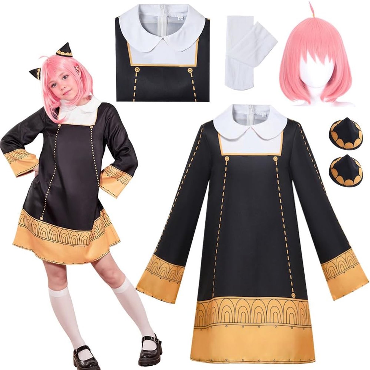Verkleed kostuum voor volwassenen, complete set met pruik, hoofddeksel en sokken voor Halloween en carnaval