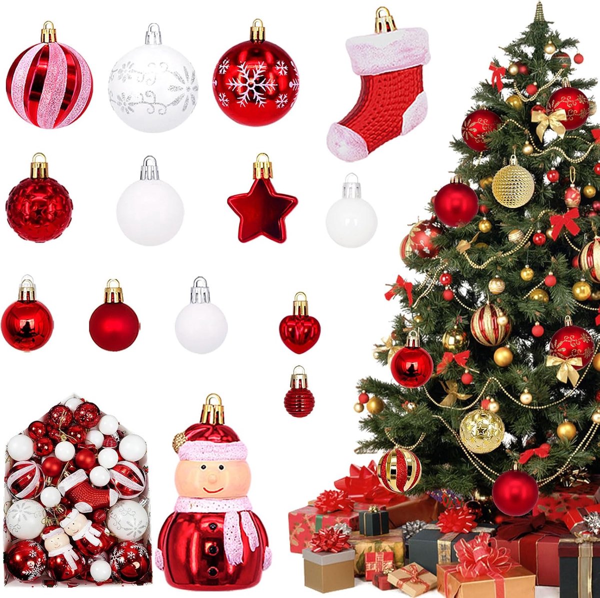 Kerstballen Witte en Rood, Onbreekbare Plastic Kerstbollen met Hanger, met Geschenkpakket, Weerbestendige Kerstballen, voor Festivaldecoraties, Kerstboomversiering, Traditioneel Thema