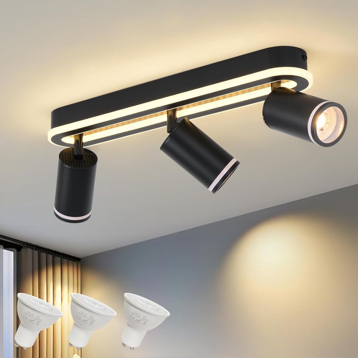 Led-plafondlamp, 3 oriënteerbare spots, 350° draaibare plafondspots, plafondlamp met ondergloed 27 W + 3 x 5 W GU10, 3000 K, warmwitte wandlamp voor woonkamer, keuken, zwart