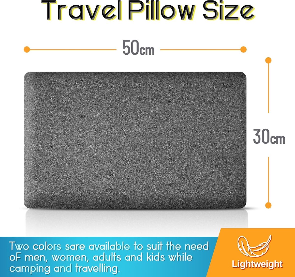Reiskussen van traagschuim, ergonomisch nekkussen, 50 x 30 x 10 cm, wasbaar en compact, campingkussen met oogmasker, draagtas, perfect voor camping, auto, vliegtuig, trein, hotel (grijs)