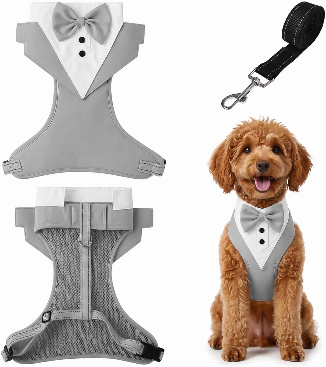 Tuxedo met Strikje - Bruiloft Outfit, Veilig Instaptuigje, No-Pull, Verstelbaar en Gevoerd voor Kleine en Middelgrote Honden en Katten, Grijs, Maat M