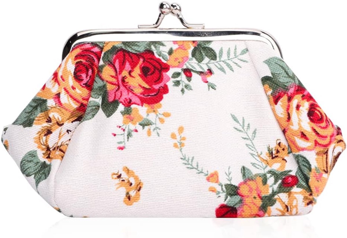 Bloemen Portemonnee Floral Coin Purse Kiss Lock Portefeuille Dames Flowers Clutch Bag Kaarthouder Wallet Clic Clac (Wit)