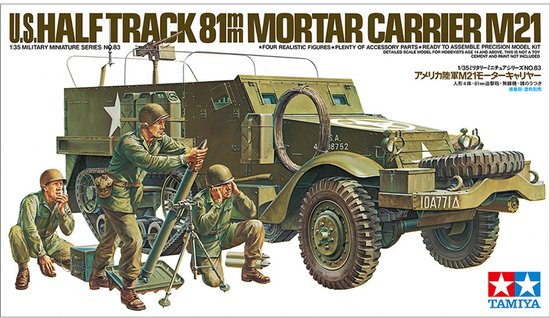 Maquette Tamiya M21 Mortar Carrier vert olive incluant trois figurines de soldats en action.