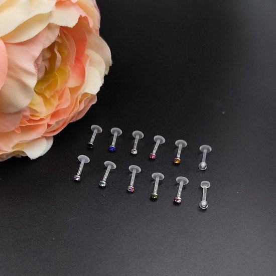 12 stuks lippiercings, kunststof, 16 g, 6/8/10 mm, helder, labret van acryl, met gekleurde zirkonia, zwart, piercing, tragus, Medusa labret, lip, sieraden voor piercing — afbeelding 3
