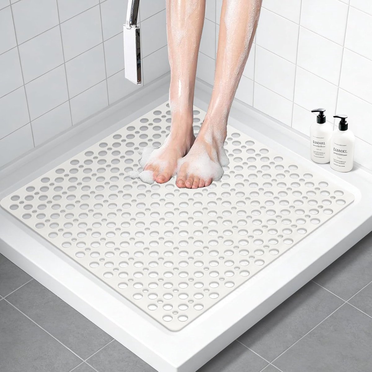 Douchemat antislip 70 x 70 cm: grote en zachte TPE antislipmat douche, douchemat antislip met zuignappen en grote afvoergaten, 100% BPA-vrij, schimmelbestendig en machinewasbaar