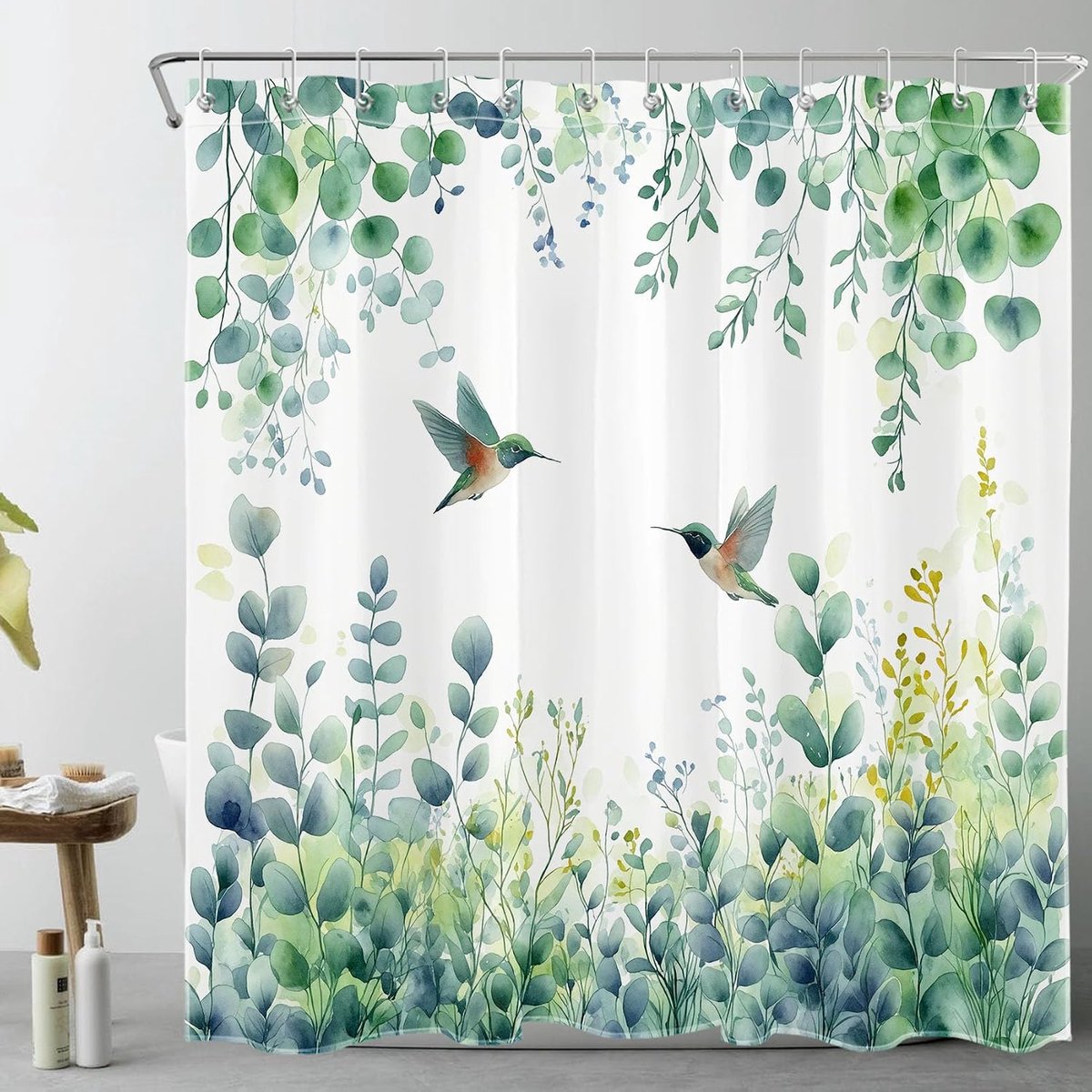 Groen blad douchegordijn vogel in botanische planten douchegordijnen voor badkamer eucalyptus bladeren polyester anti schimmel waterdicht extra lang bad gordijn set met haken, 180 x 180 cm