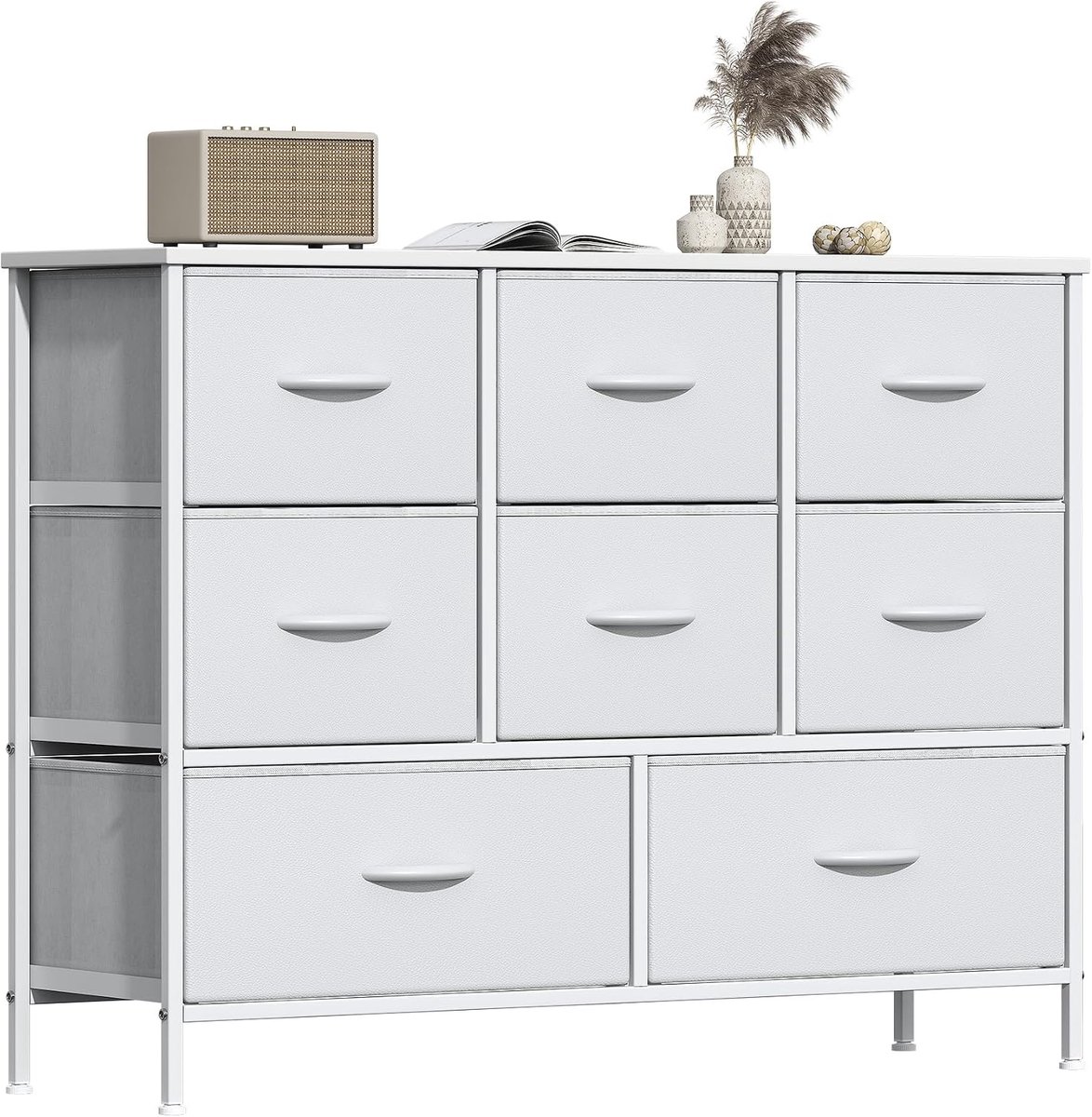 Ladekast met 8 stoffen lades - Wit met leerlookfronten - Voor slaapkamer en hal - Metalen frame en MDF blad - Verstelbare voetjes - 100 x 30 x 76 cm