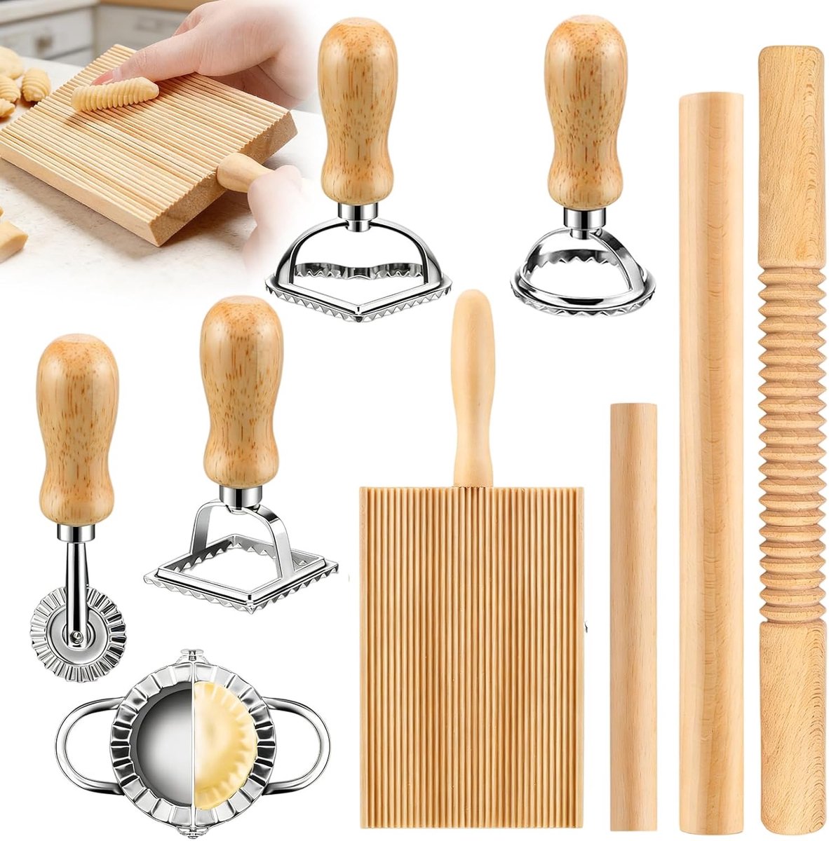 Set van 9 uitsteekvormpjes met deegrollers, uitsteekvormpjes, gereedschapsset voor het maken van pasta, ravioli maker, stempelset voor de keuken en bakken