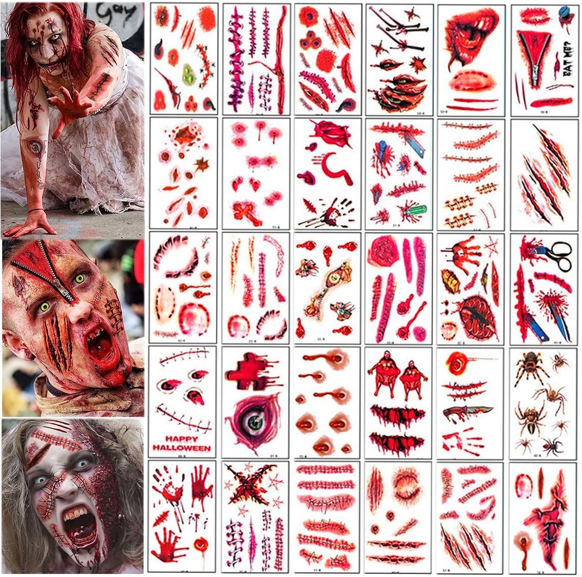 Tijdelijke tatoeages, 180 stuks Halloween tattoos, littekens, Halloween zombie-scars, tatoeages, littekens met bloed, horrorscheuren, tatoeage gezicht voor Halloween kostuum make-up accessoires