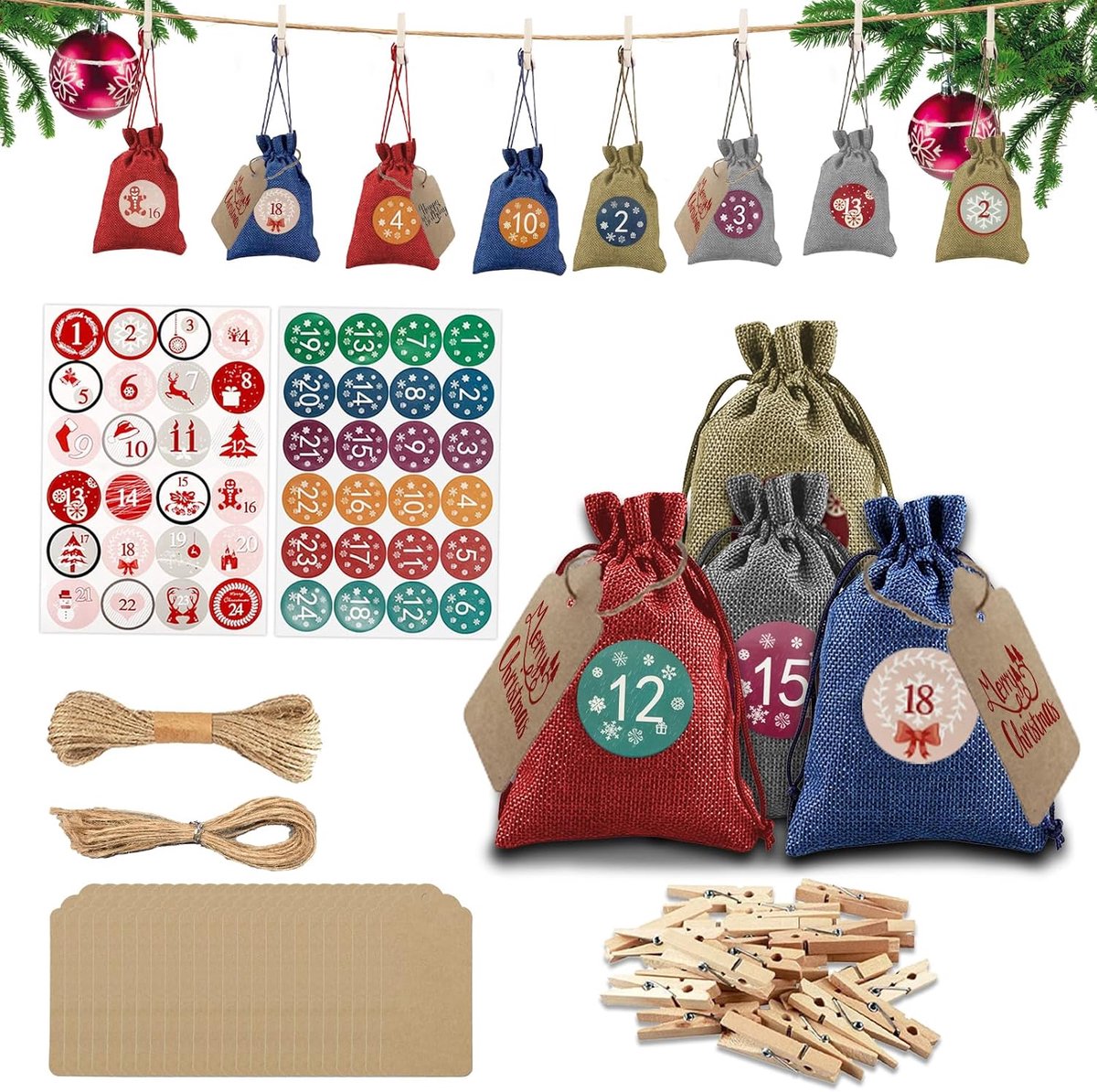 adventskalender om te vullen voor kinderen, herbruikbare adventskalenderzakjes om te vullen, 24 jute zakjes, adventskalender zelf vullen, kleurrijke adventskalenderzakjes voor