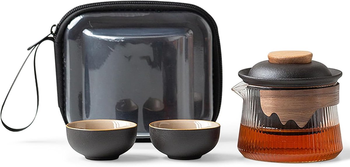 fanquare Draagbare Reizen Thee Set Zwart Porselein Chinese Kung Fu Glazen Theepot met Infuser Mini 1 Pot 2 Cups voor Volwassenen