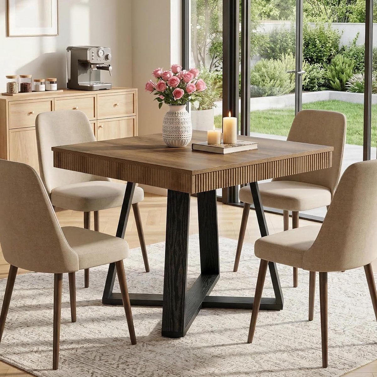 80 cm vierkante eettafel voor 4 personen, rustieke houten keukentafel met geribbelde rand en stevige X-basis, boerderij kleine eetkamertafel voor appartement, ontbijthoek en kleine ruimtes