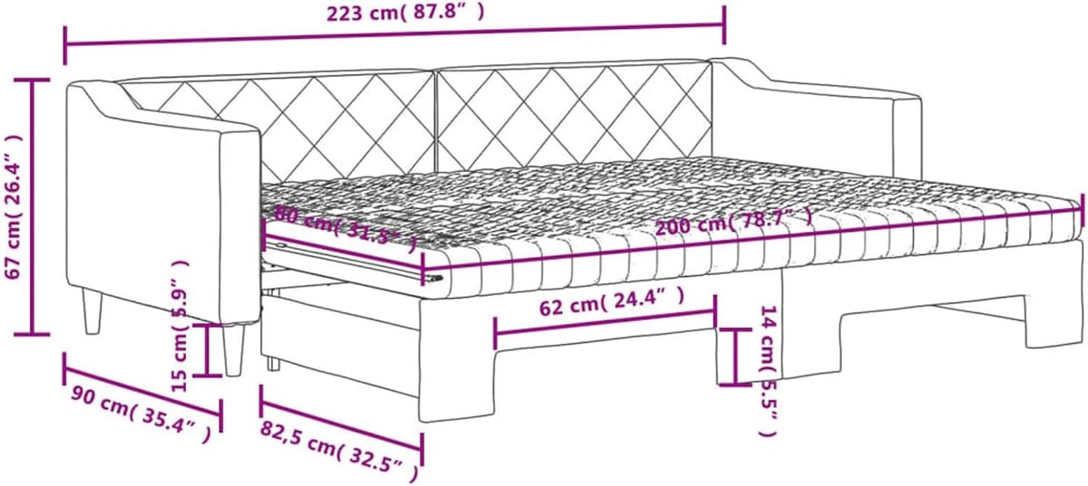 Dagbed, slaapbank, uittrekbaar met 2 schuimmatrassen, stof, zwart, 223 x 90 x 67 cm (niet uitgeschoven), voor kleine woningen