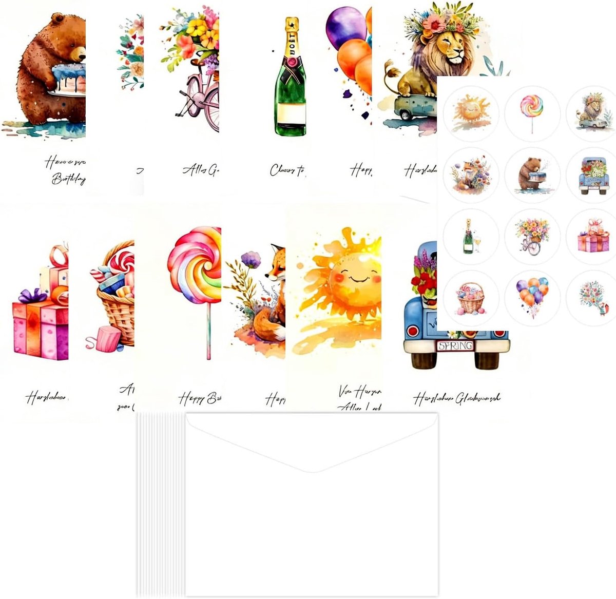 Set van 12 verjaardagskaarten met enveloppen, wenskaarten, verjaardagskaarten, vouwkaarten met enveloppen, wit, Happy Birthday voor volwassenen, man, vrouw, meisjes, jun