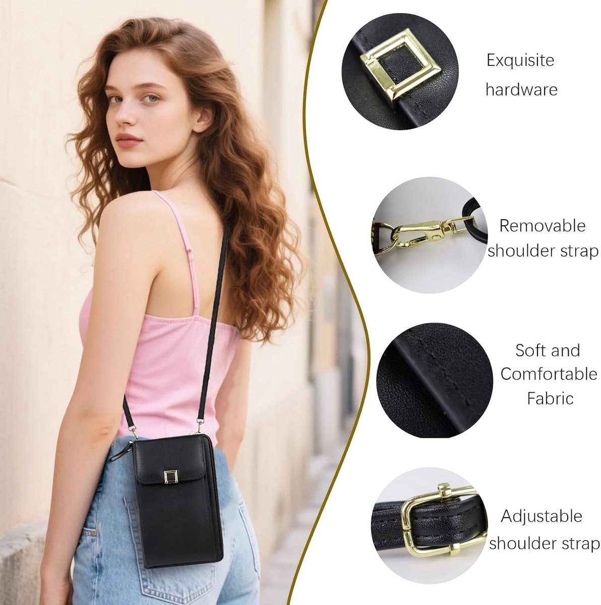 schoudertas voor dames, PU-leer, crossbody bag, mini-telefoontas, met verstelbare afneembare schouderriem