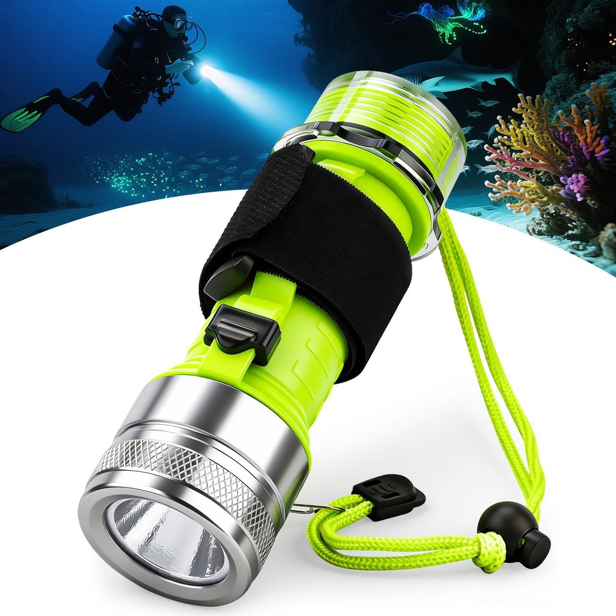 Duiklamp, 1500 lumen, duikzaklamp, oplaadbaar, led met 3 modi, IPX8 waterdicht, onderwaterzaklamp met polsband voor duiken, kamperen, wandelen, vissen, zilver