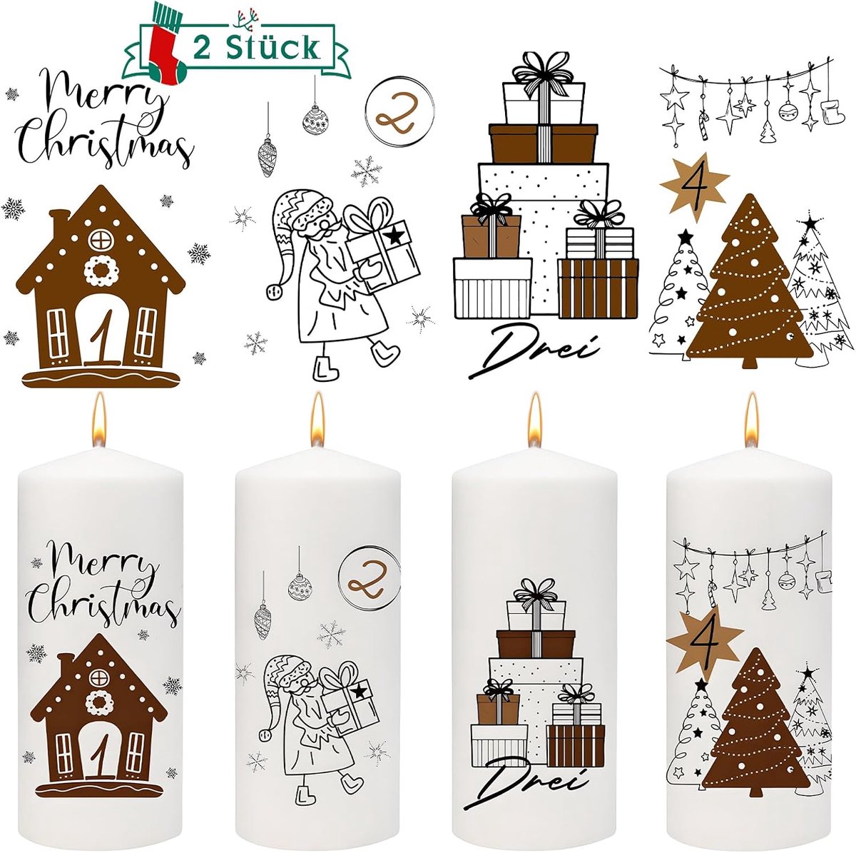 set van 2 advents kaarsen Tattoo 6-8 cm | Advent cijfers & kerst motieven cadeau kerstboom | Kaarsenstickers voor stompe kaarsen Kerstmis