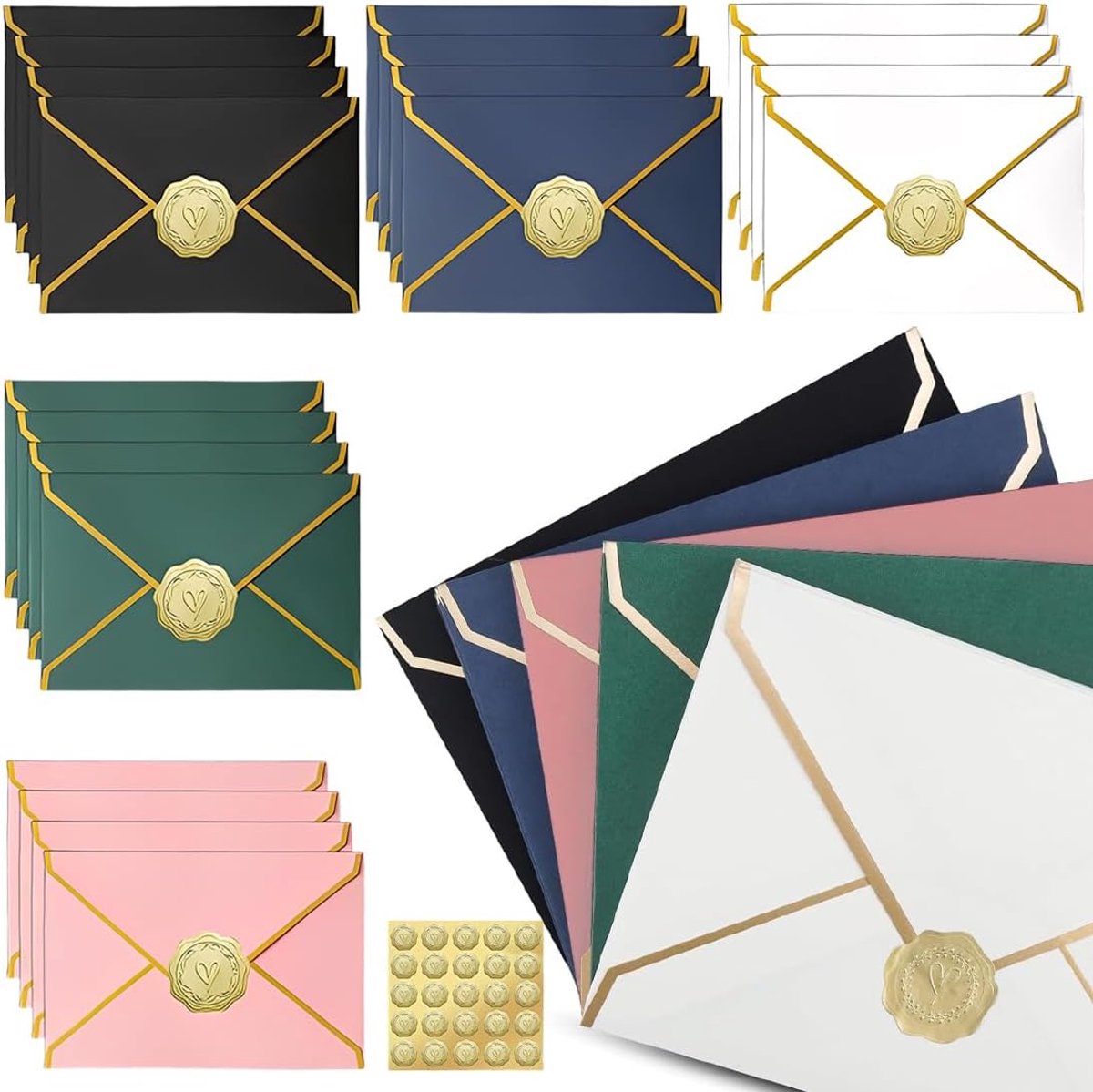 25 stuks, 17,5 x 13,5 cm, enveloppen met 25 gouden hartstickers, kraftpapier, enveloppen, goudfolierand, voor wenskaarten, Kerstmis, verjaardagskaarten, bruiloft, Valentijnsdag