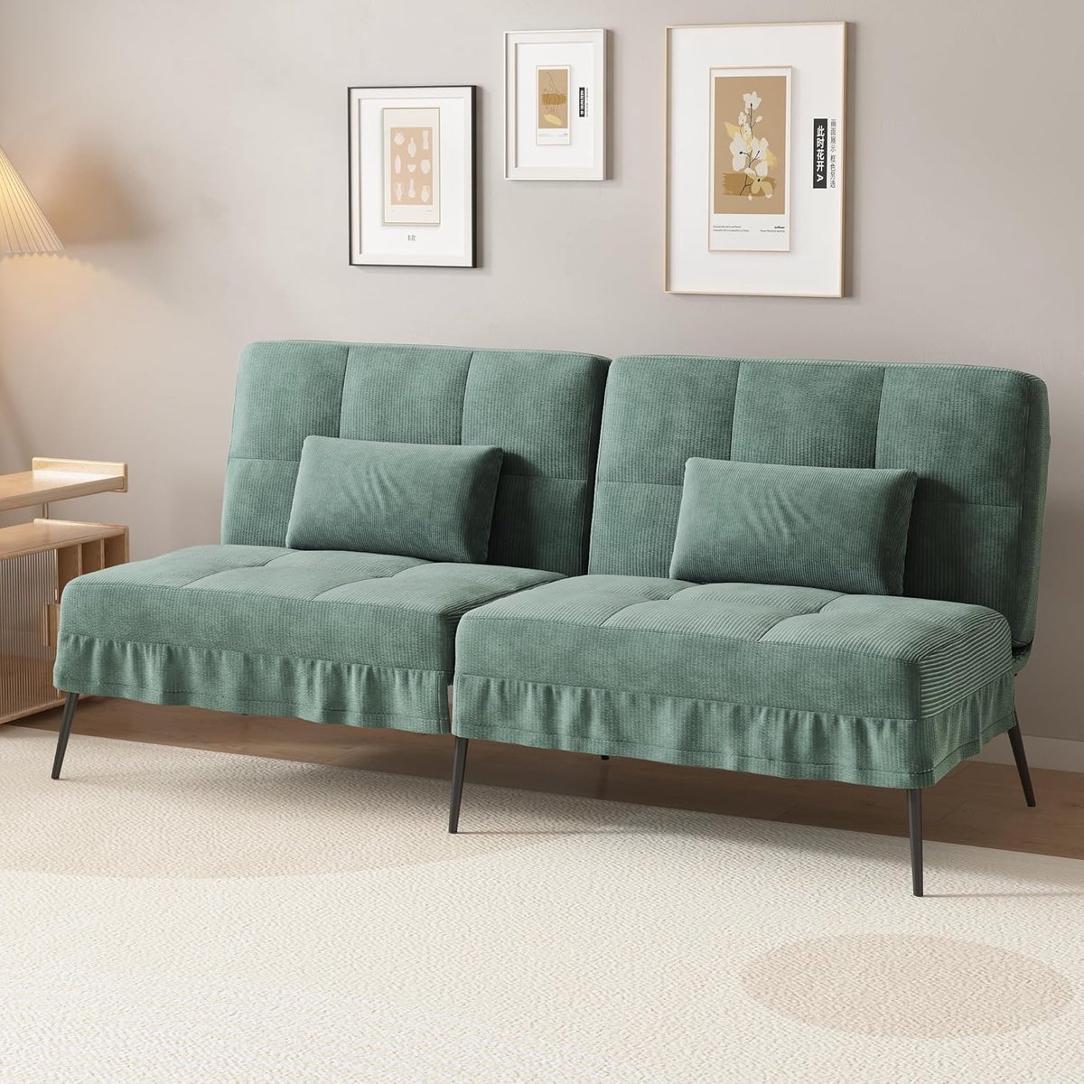 Sofabed met slaapfunctie, omvormbaar, futonhoes, hoekbank, 3-zits logeerbank, met verstelbare rugleuning, in corduroy, groen