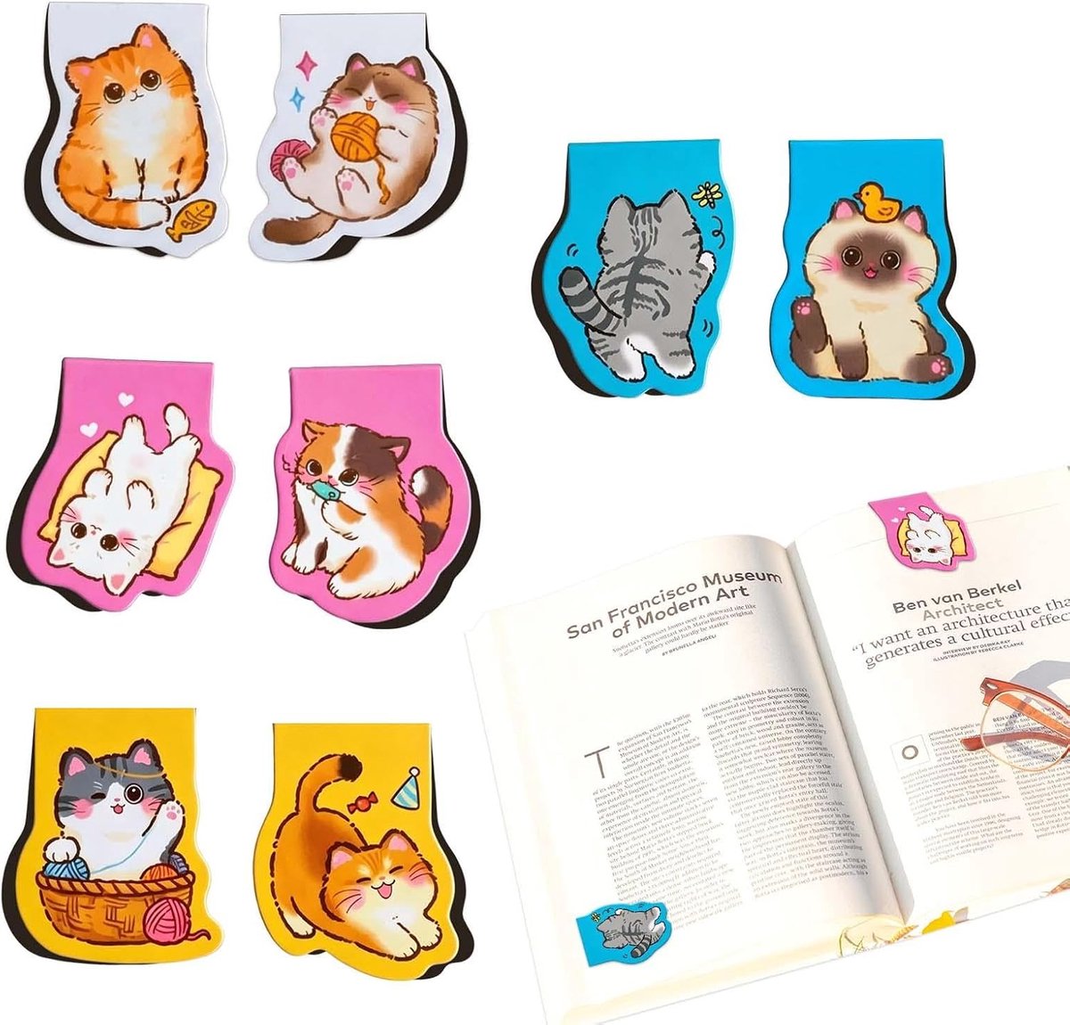 bladwijzers met kat, 8 stuks, van papier en zachte magneet, speciale bladwijzers voor boekliefhebbers, cadeau voor leraren en scholieren (6 x 8 x 0,2 cm)