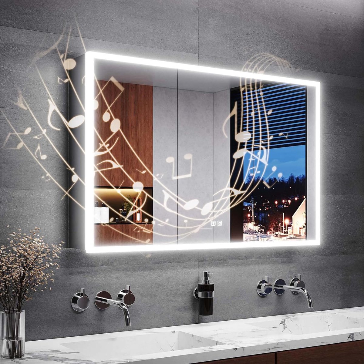 100x65x13cm Spiegelkast Bad Met Verlichting, Spiegelkast Bad Met Stopcontact, 3 Instelbare Lichtkleuren, Roestvrij Staal, Aanraak Sensor Schakelaar, Bluetooth (Zilver)