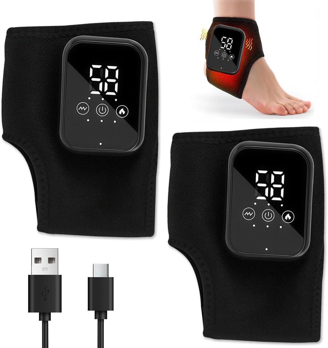2 stuks, 3-in-1 massageapparaat, draadloze enkelvoetmassage, draagbare draadloze enkelmassage, oplaadbare enkelmassage, 3 vibratiemodi, 3 warmtestanden, voor enkel, hiel, achillespeesontsteking