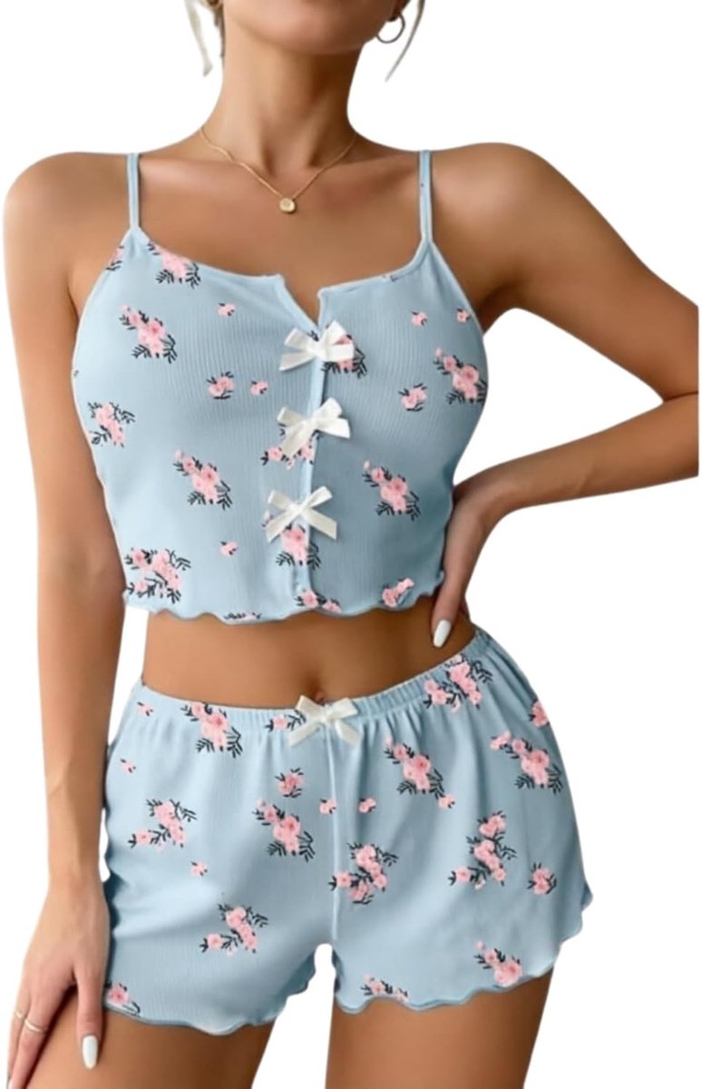 Damespyjama voor de zomer, kort, met hartprint, mouwloos T-shirt en shorts, sexy pyjama, zacht