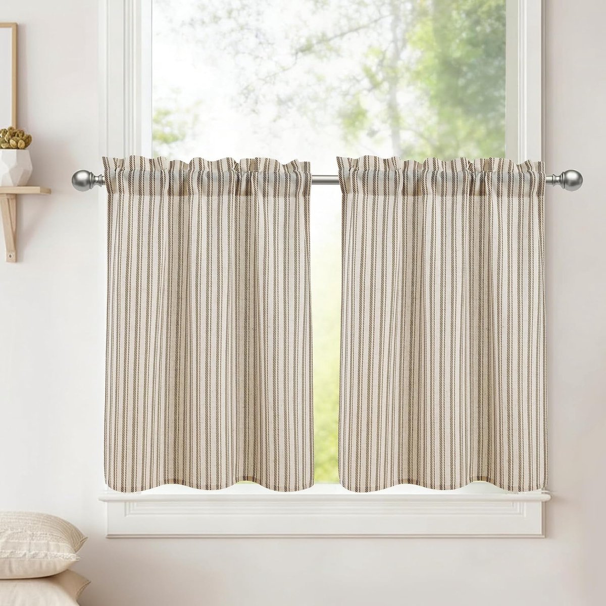 Vitrage, linnenlook, taupe, gestreept, keukengordijnen, korte gordijnen, h 45 x 90 cm, 2 stuks, semi-transparant, modern, voor bistrogordijnen, landhuis, kastgordijn, woonkamer, raamgordijnen