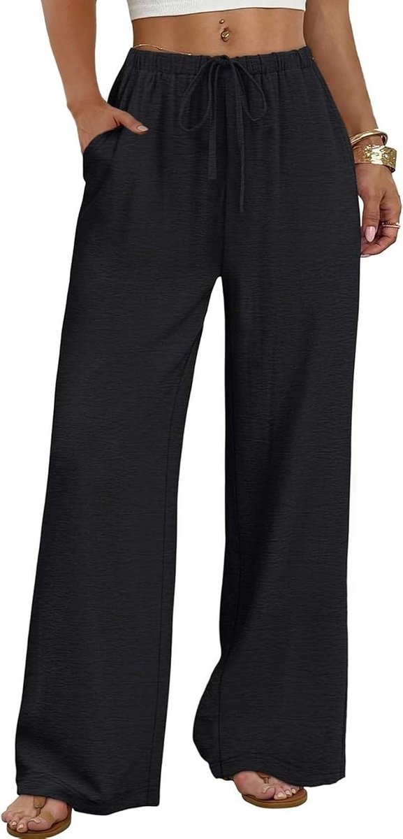 Broek met wijde pijpen voor dames, vloeiende palazzo-broek met manchetten, elastische taille en zakken, zomerkleding, badvakantiekleding