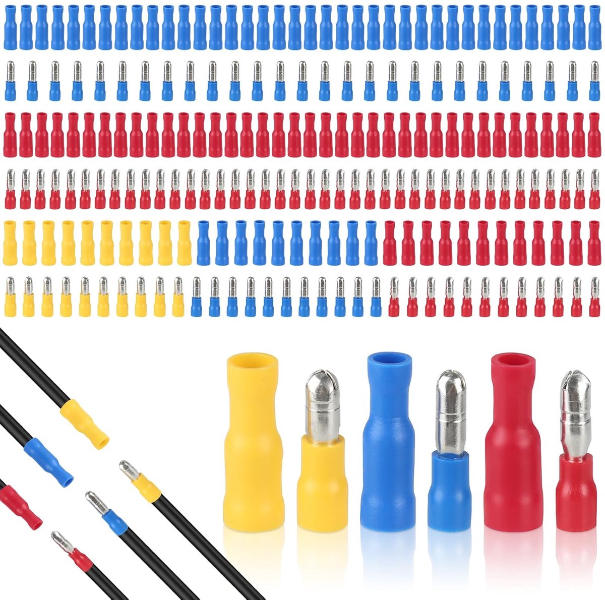 220 stuks ronde connectoren, 110 stuks ronde stekkers en 110 stuks knelverbindingen, 0,5-6,0 mm² kabelschoenen rond, kabelconnectoren met 3 soorten kleuren voor auto, motorfiets