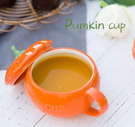 Pompoen mok met deksel, keramische mok van 4,7 inch hoog, pompoenvormige keramische mok voor melk en ontbijtgranen, met deksel, geschikt voor thuisgebruik en Halloween-feestjes — afbeelding 4