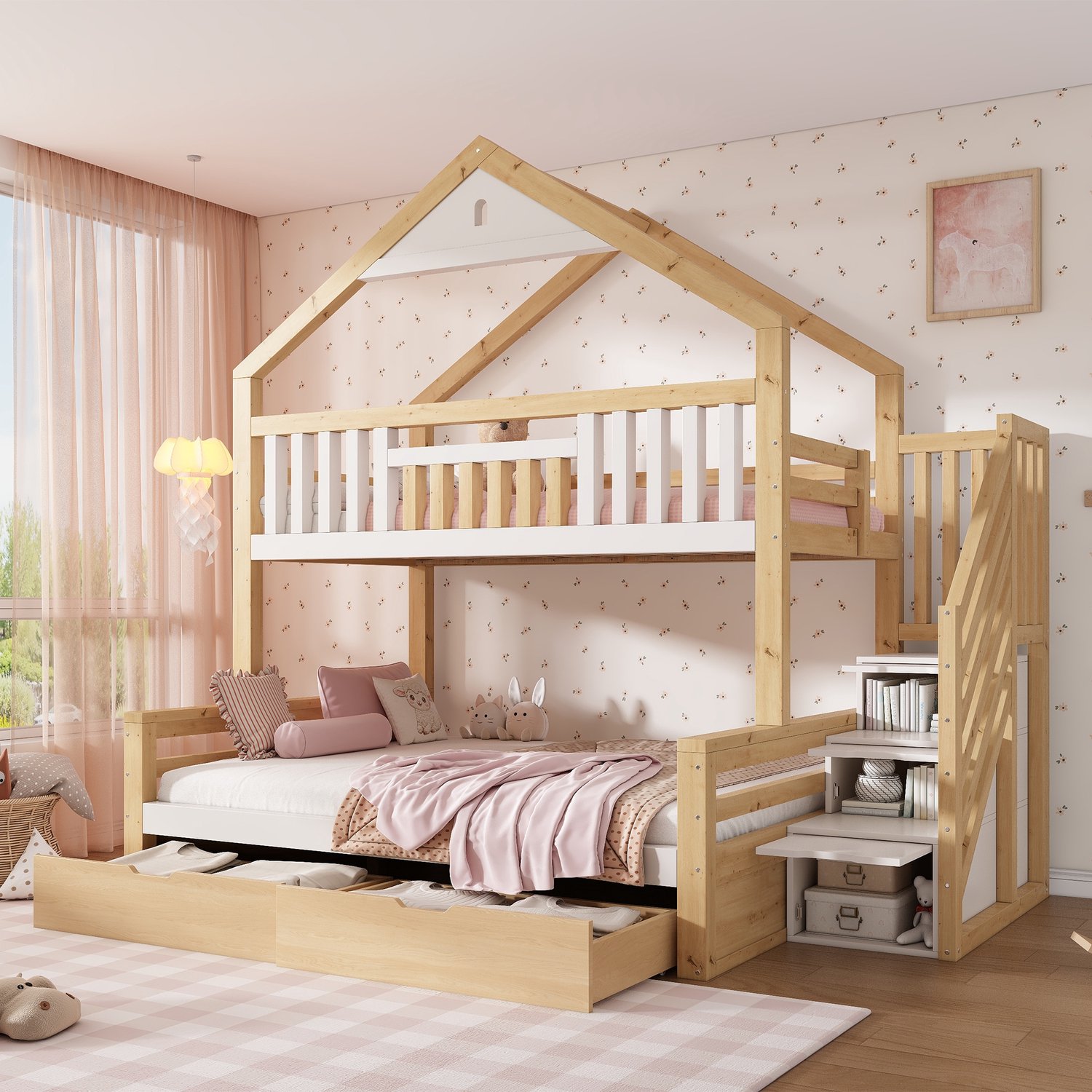 PHOEBE CAT Stapelbed - 90 x 200 cm & 140 x 200 cm - Kinderbed - Huisvorm - Met 2 lades - Wit + Eikenkleur