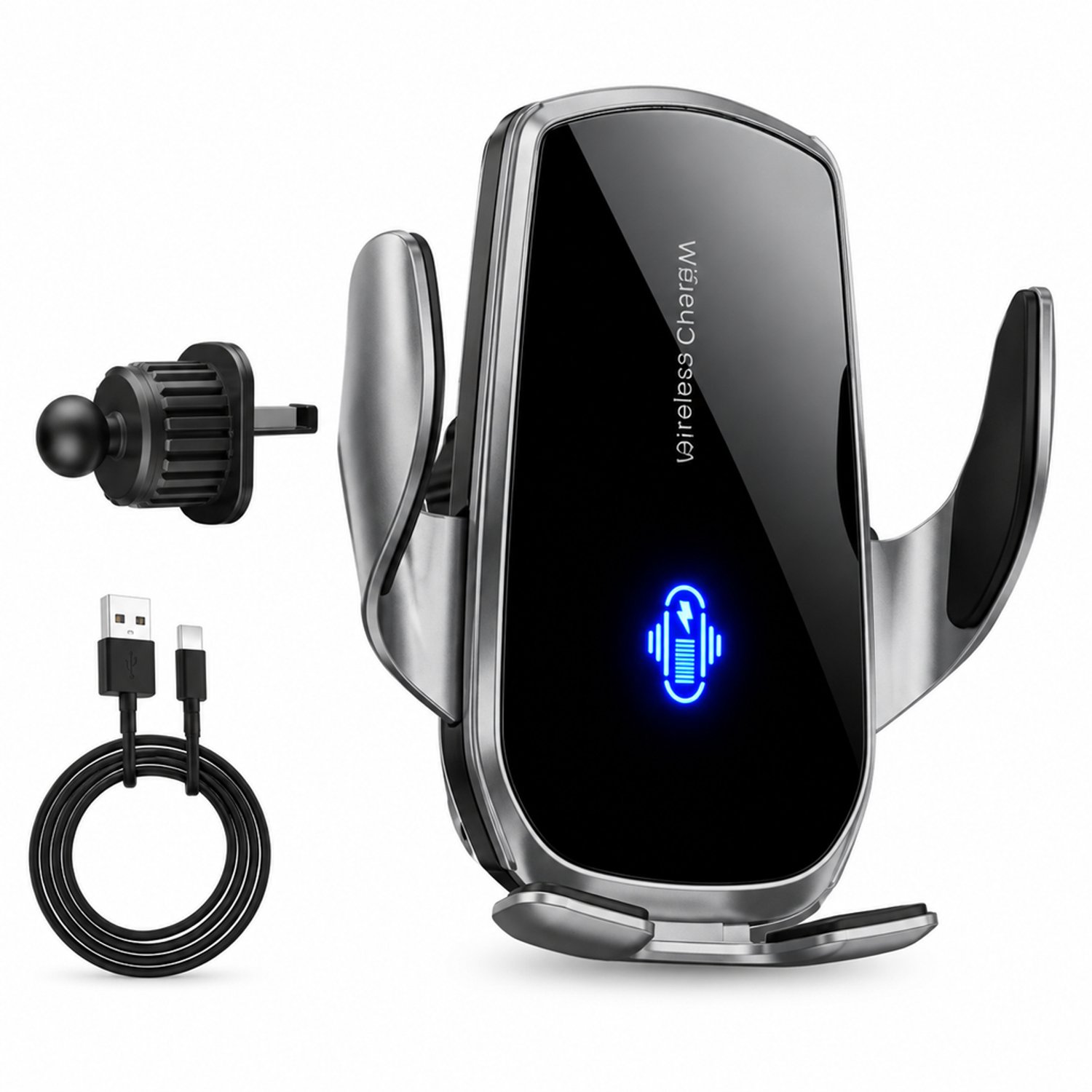 Telefoonhouders auto: zilverkleurige telefoonhouder voor ventilatierooster met draadloos opladen, 15 W