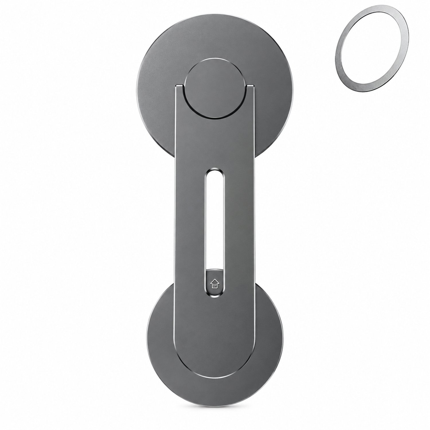 Grijze zelfklevende magnetische telefoonhouder met 180° omklapbare kop en meegeleverde magnetische plaat