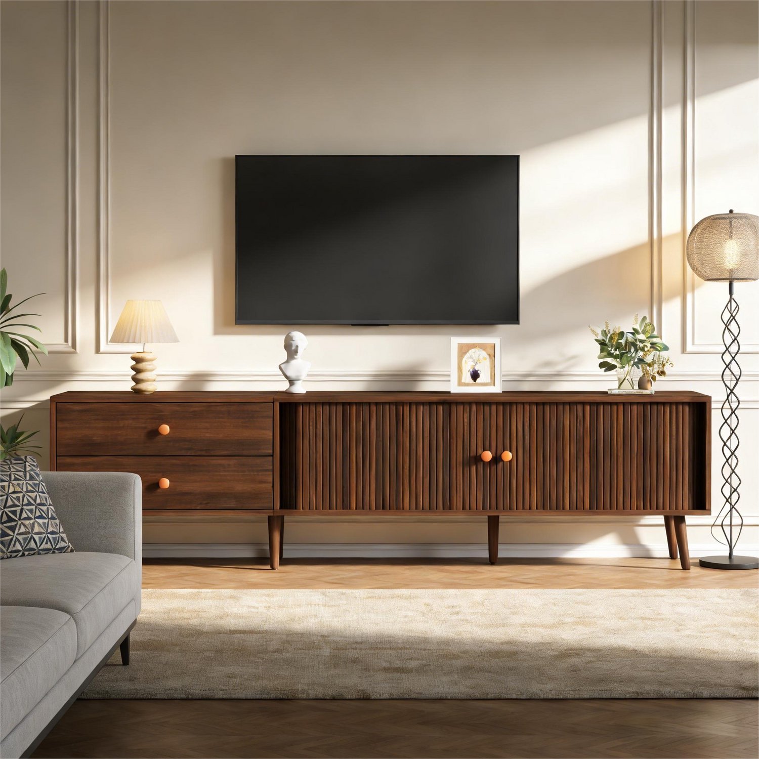 TV-meubel 180 cm - 2 lades - 2 roldeuren - 8 steunpoten - Voor tv tot 80 inch - Walnootkleur