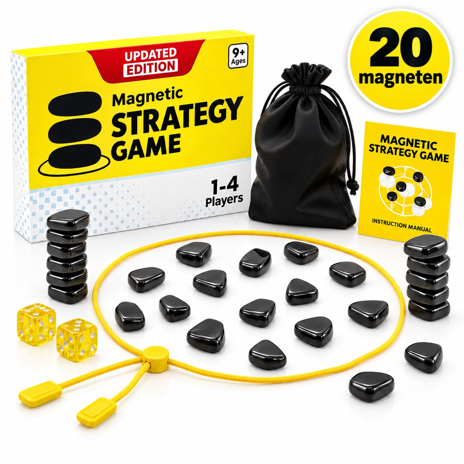 Flero Magnetisch Strategiespel Zwart Geel - 20 Magneten met 2 Dobbelstenen, Koord en Opbergzak - Reisspel voor 1 tot 4 Spelers vanaf 6 Jaar - Strategisch Denkspel, Campingspel, Familiespel, Origineel Cadeau