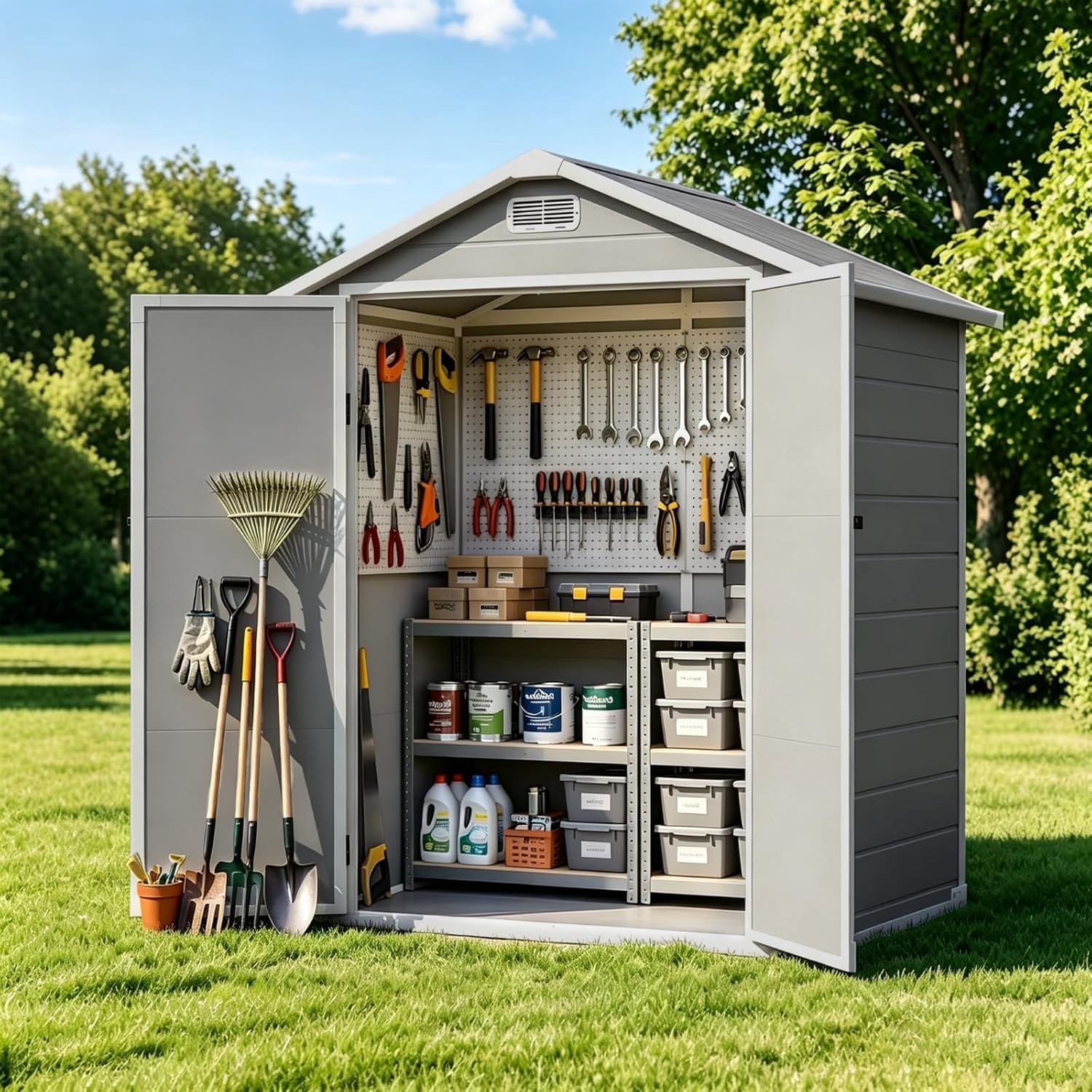 Tuinhuis Kunststof met Bodem en Slot – Kunststof Tuinschuur 1,8 x 1,2 m (171 x 129 x 201 cm) – Waterdichte Berging met Dubbele Deur, Raam & Ventilatie – Grijs – Laura Homestore