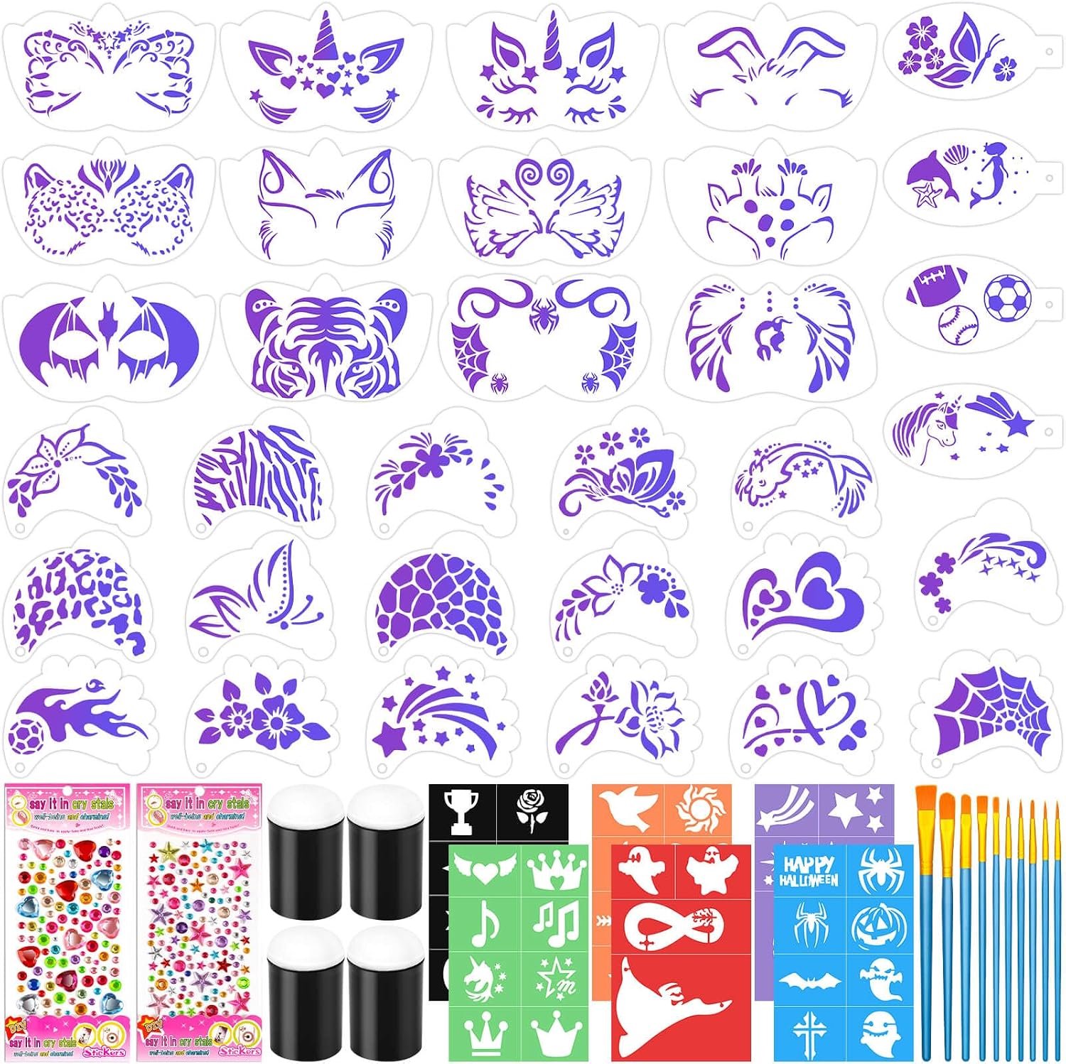 Gezichtsverfstencils set - 33 herbruikbare stencils - 43 patronen en kwasten - creatief plezier voor kinderen - m-winkel
