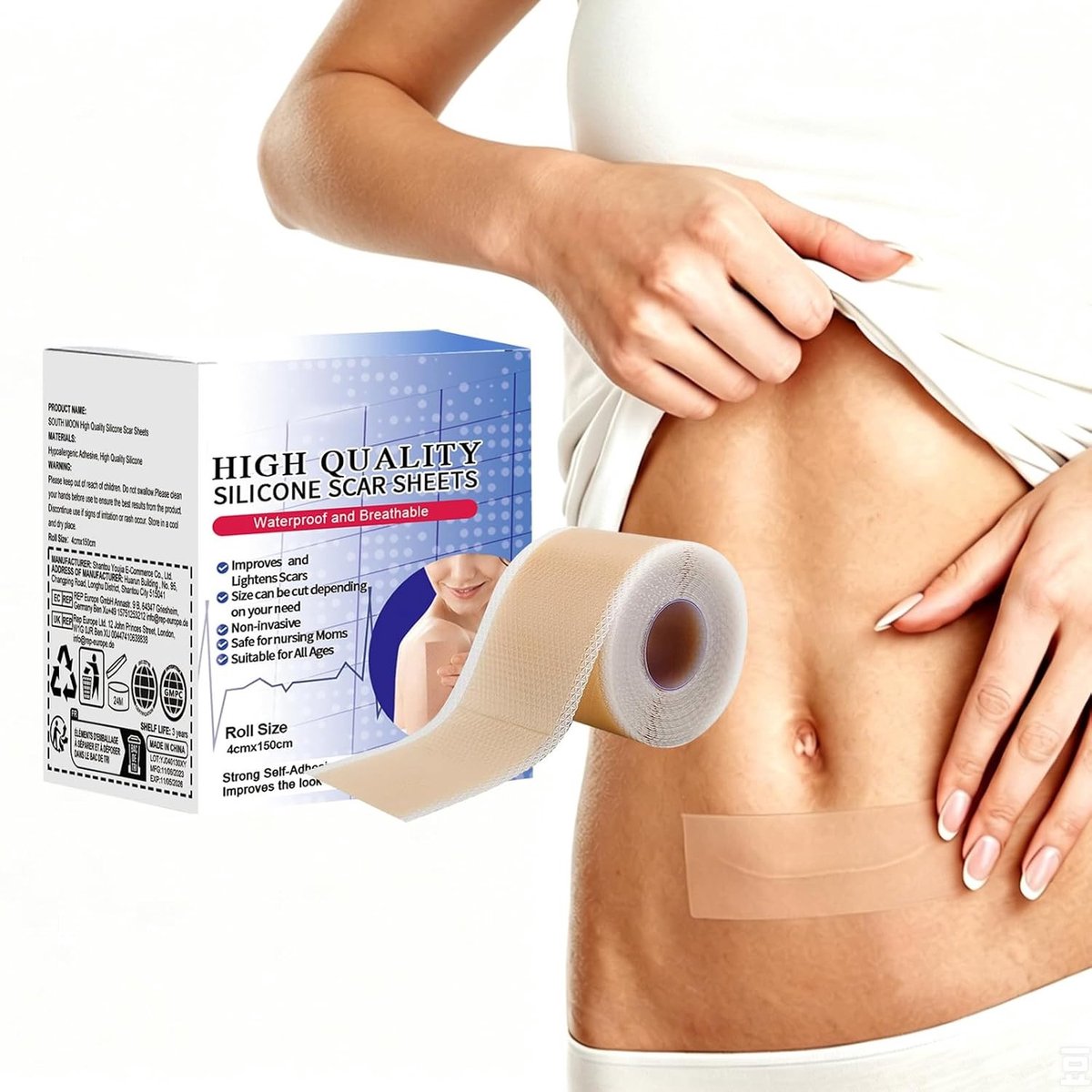 Littekenpleister van silicone, littekenband en littekentape 4 x 150 cm voor operatielittekens en C-sectie herstel