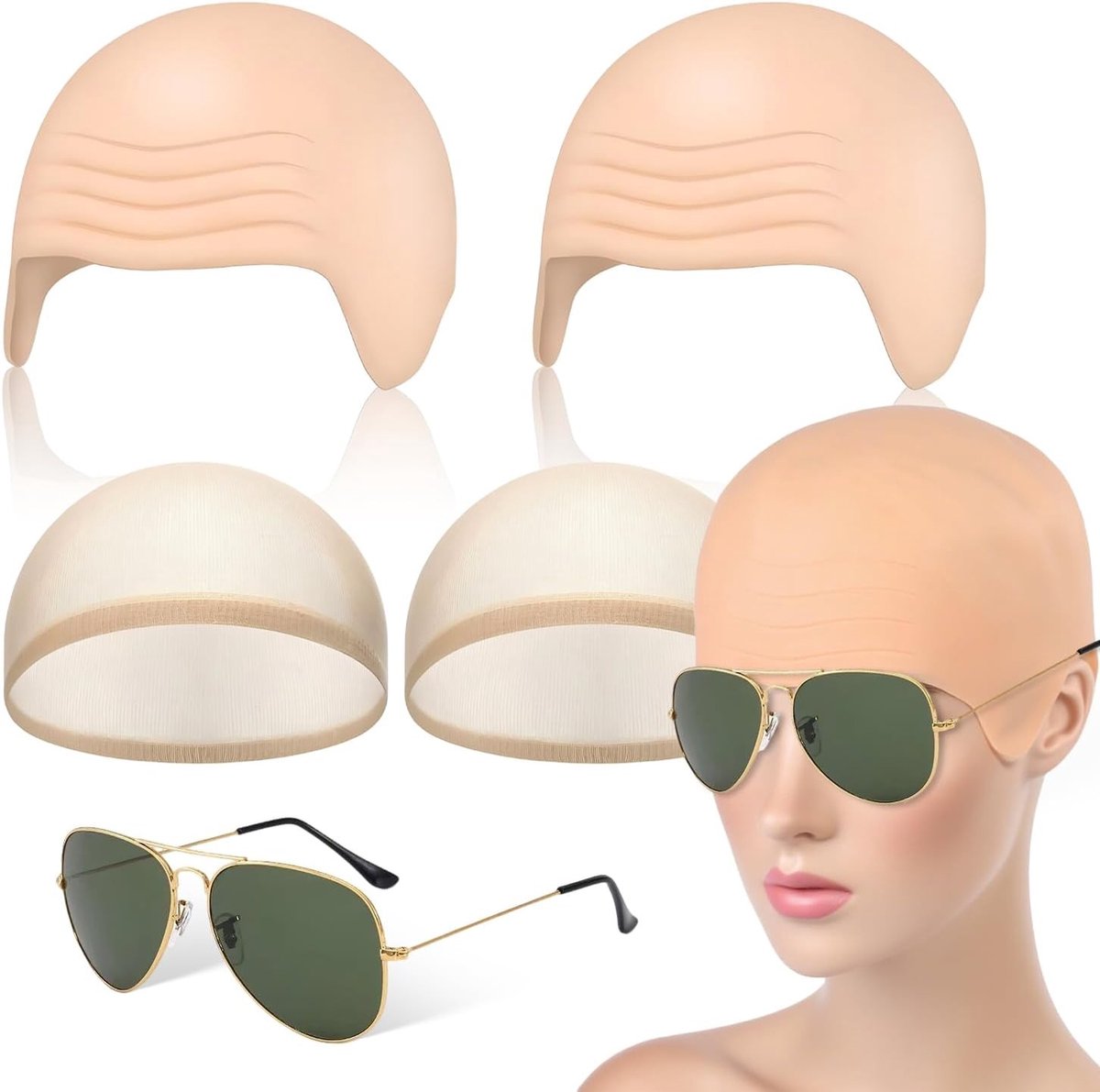 Bald cap set met 2 haarnetten en zonnebril voor rolspel en feest, ideaal voor kostuum en verkleedpartijen