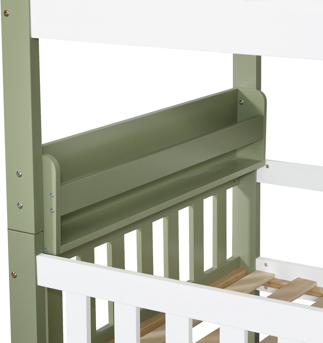OKWISH Stapelbed 90x200 cm - Kinderbed Met Ladder En Verhoogde Uitvalbeveiliging - 3 Lades En Zijrek - Zonder Matras - Hout En MDF - Wit Groen