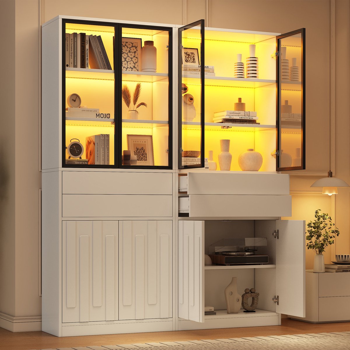 MIVRAY Vitrinekast Met Bluetooth Ledverlichting En Glazen Deuren - Opbergen En Tonen In Woonkamer - Spaanplaat - Wit - 140x34x180 Cm